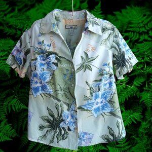 Caribbean Joe Womens Top Blouse Button Front Short Sleeves Tropical Print Size L